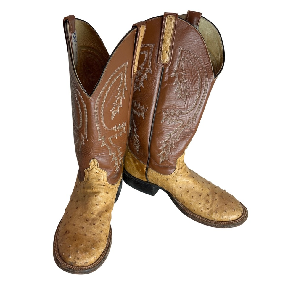 Anderson Bean Western Boots Mens 10B Tan Brown Ostrich Leather Round Toe Chic